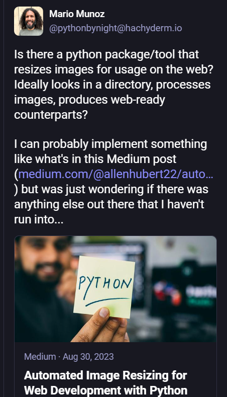 Post on Mastodon by Mario asking if python tool exists for generating web images