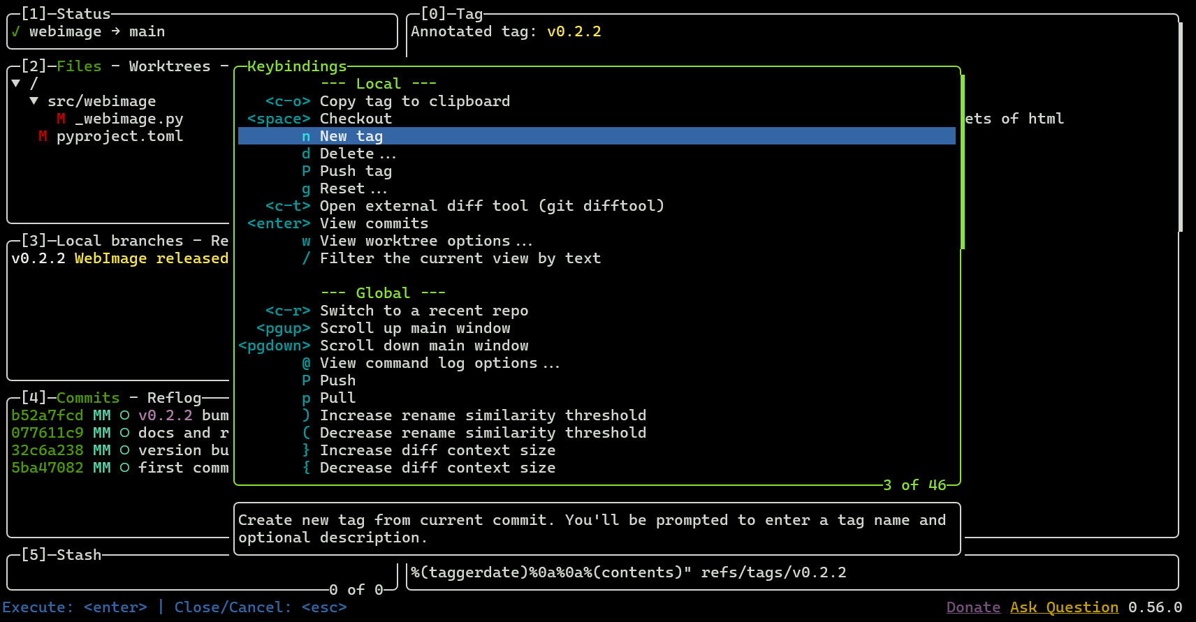 Lazygit terminal with keybinding menu open, with creating tag highlighted